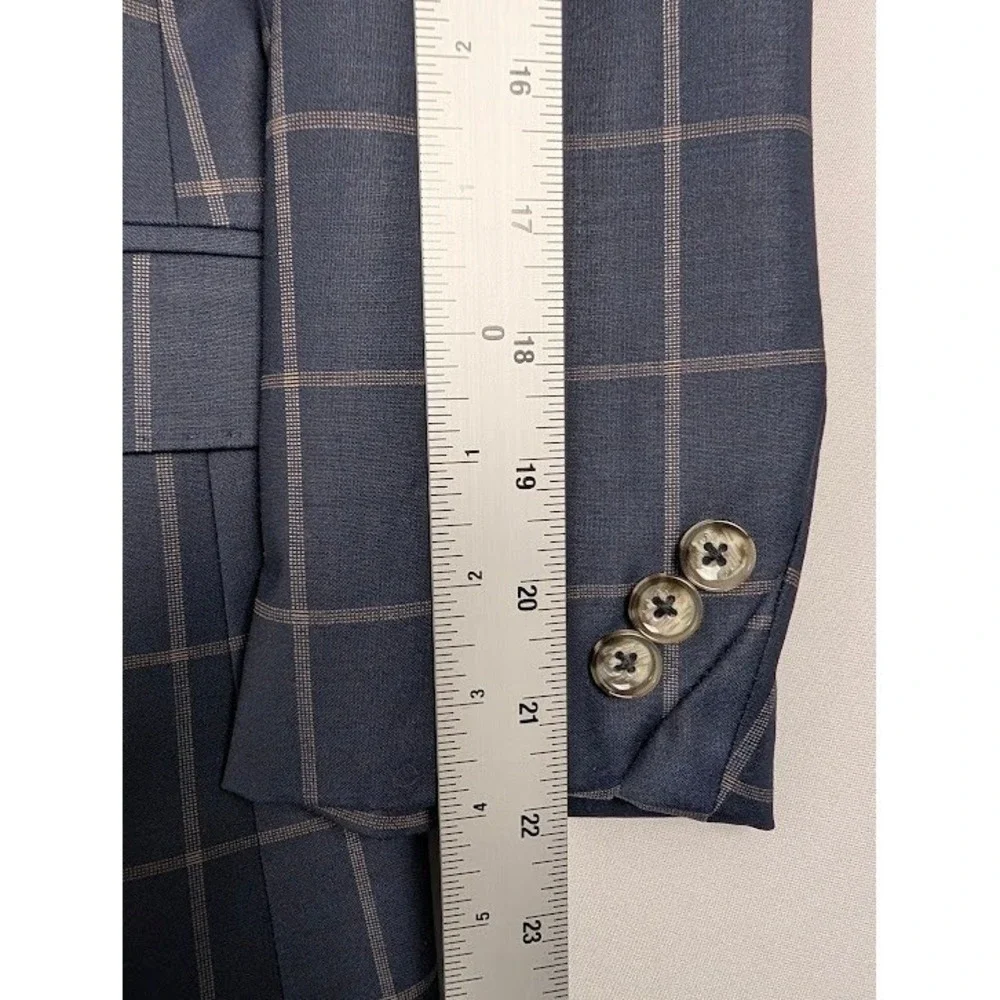 Maceoo Descarte Blazer Mens 38/2 Small Navy Blue Tan‎ Windowpane Plaid Wool